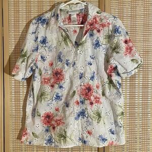 Alfred Dunner Womens L Floral Short Sleeve Button‎ Blouse Shirt Easter Spring